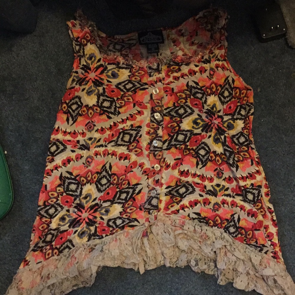 Multicolored Blouse With Lace At Bottom Size Small